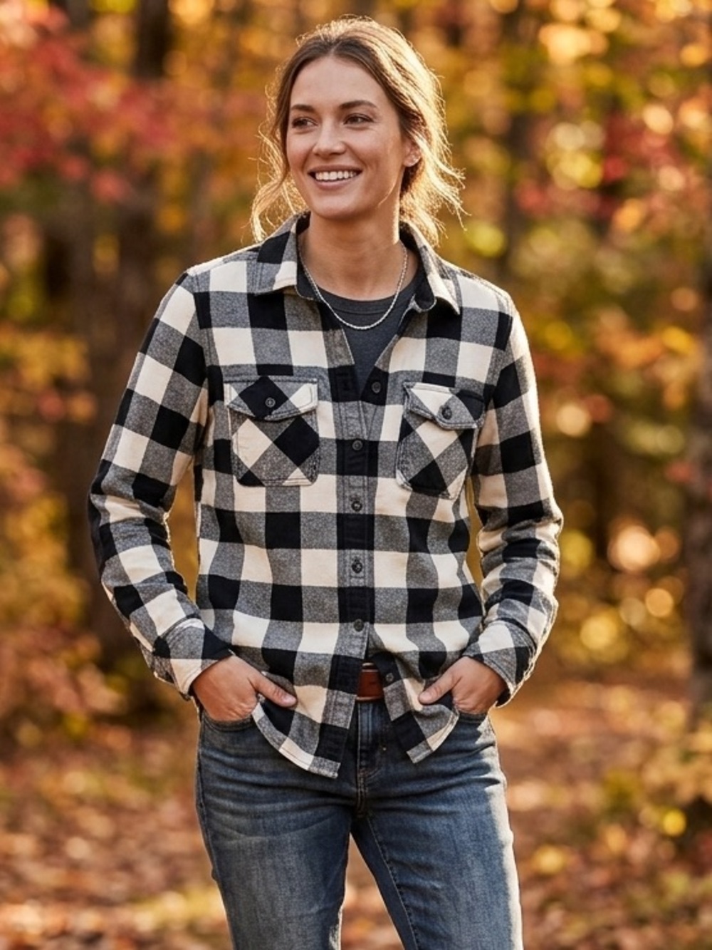 Roots Cabin Flannel Shirt - Black & White Buffalo Plaid & Elbow Patches - Size S